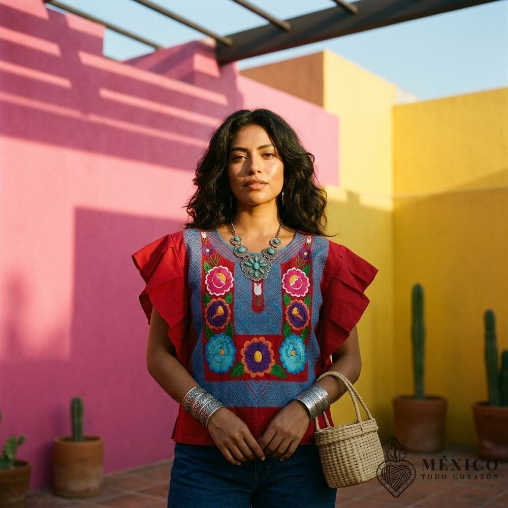 Traditional Mexican Huipil style Blouse – Handmade Embroidered Manta Top S M